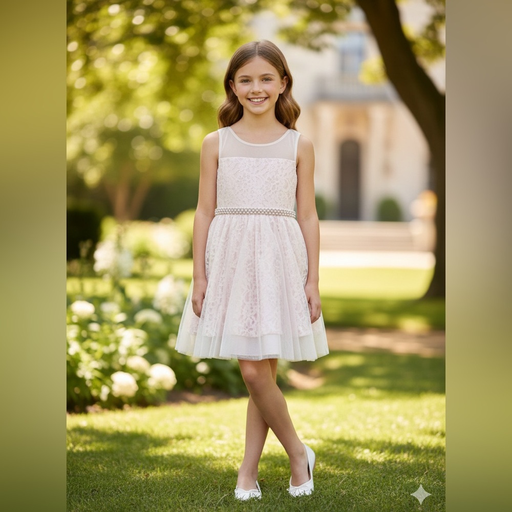 Rare Editions Girls Blush Pink Lace and Mesh Formal Dress Size 8
